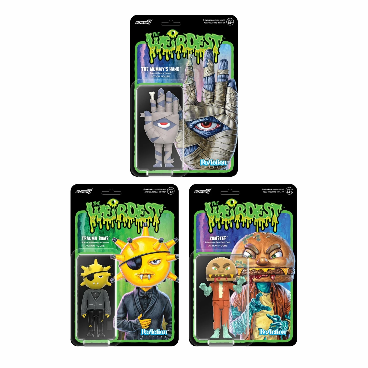 SUPER7 The Weirdest ReAction Figures Wave 2 - Trauma Bomb, Mummy's Hand & Zombeef 1 SUPER7 The Weirdest ReAction Figures Wave 2 - Trauma Bomb, Mummy's Hand & Zombeef