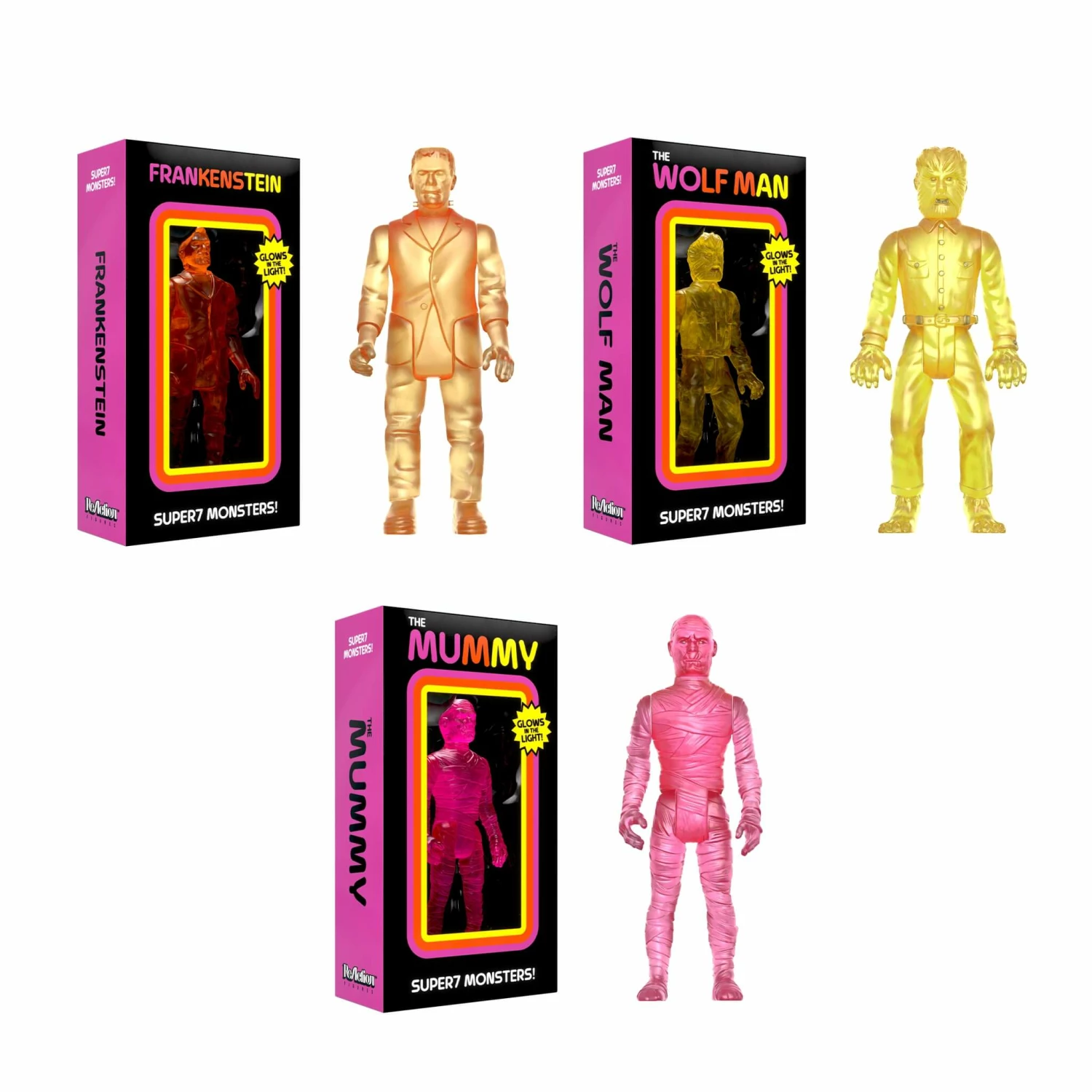 SUPER7 Universal Monsters ReAction Figures - Frankenstein, The Mummy, The Wolf Man (Luminators) 1 SUPER7 Universal Monsters ReAction Figures - Frankenstein, The Mummy, The Wolf Man (Luminators)